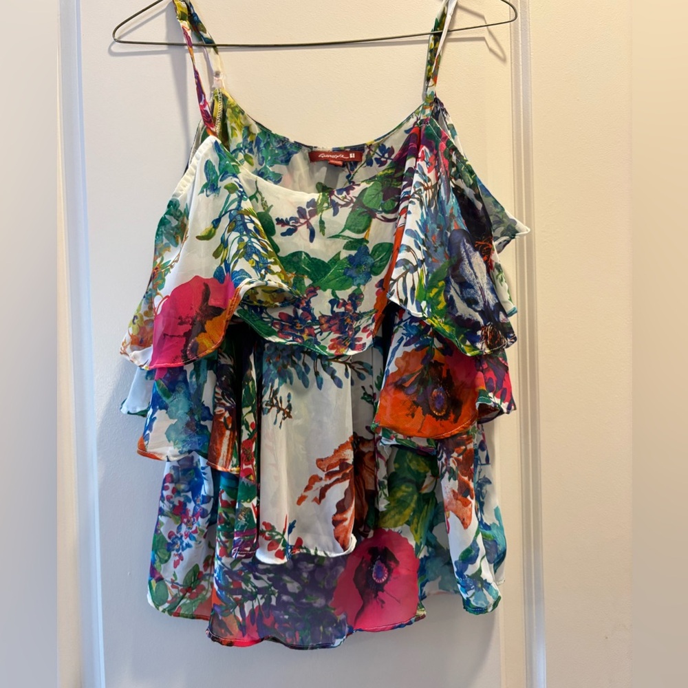 Super cute colorful floral off the shoulder tank top with ruffle layers